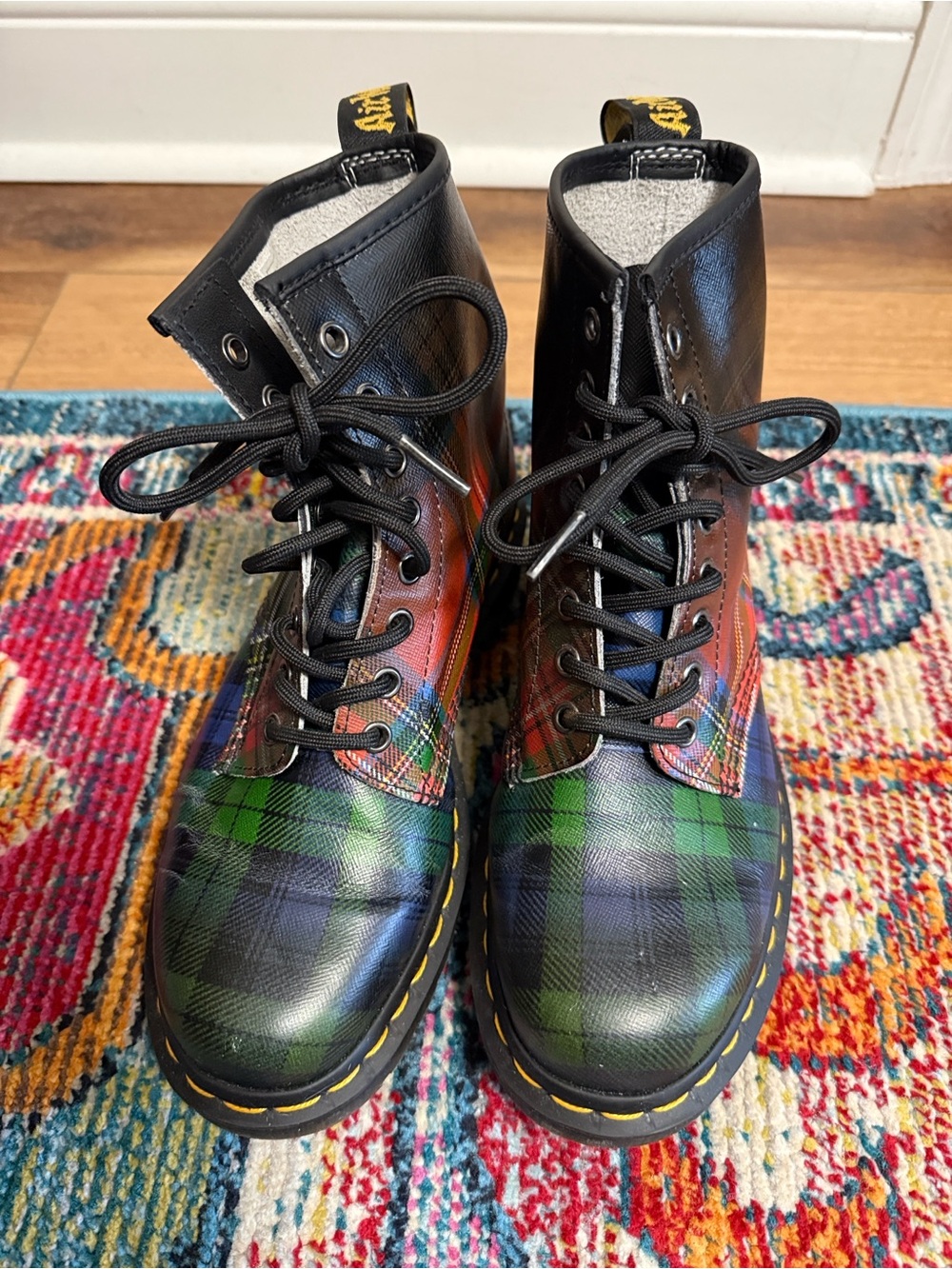 Dr. Martens Plaid Combat Boots in Green, Black and Red